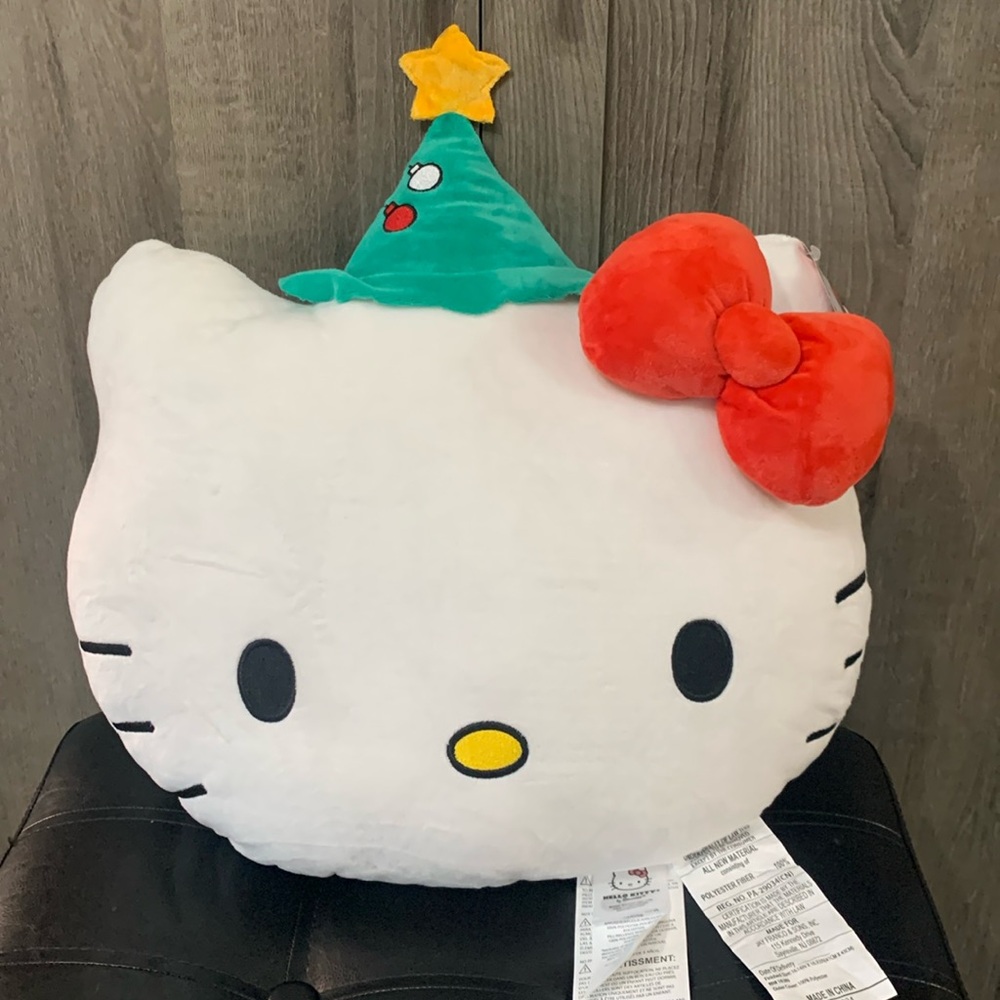 New Hello Kitty Face In Christmas Tree Hat & Red Bow Plush Ultra Soft Pillow